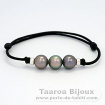 Waxed Cotton Bracelet and 3 Tahitian Pearls Semi-Baroque C 9.5 mm