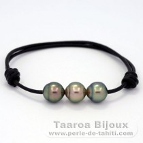 Leather Bracelet and 3 Tahitian Pearls Semi-Baroque B  8.8 to 8.9 mm