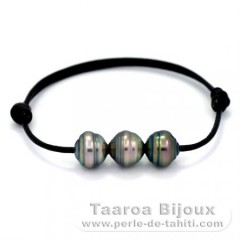 Leather Bracelet and 3 Tahitian Pearls Ringed C  9.7 to 9.8 mm