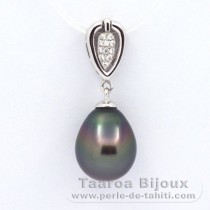 Rhodiated Sterling Silver Pendant and 1 Tahitian Pearl Semi-Baroque B 9.4 mm