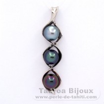 Rhodiated Sterling Silver Pendant and 3 Tahitian Pearls Semi-Baroque B+ 8.9 to 9 mm