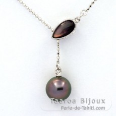 Rhodiated Sterling Silver Necklace and 1 Tahitian Pearl Round B 9.3 mm