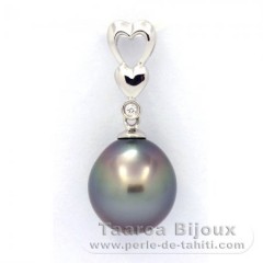 Rhodiated Sterling Silver Pendant and 1 Tahitian Pearl Semi-Baroque C 10.5 mm