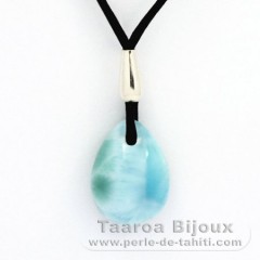 Waxed cotton Necklace + Rhodiated Sterling Silver and 1 Larimar - 16 x 12 x 6.5 mm - 2.2 gr