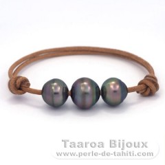 Leather Bracelet and 3 Tahitian Pearls Ringed C  12 to 13.2 mm