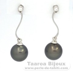 Rhodiated Sterling Silver Earrings and 2 Tahitian Pearls Round C 8.1 mm