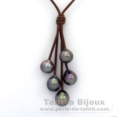 Leather Necklace and 5 Tahitian Pearls Semi-Baroque B/C  10 to 10.3 mm