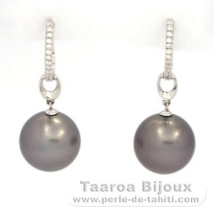 Rhodiated Sterling Silver Earrings and 2 Tahitian Pearls Round C 12.7 mm