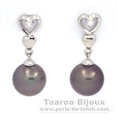 Rhodiated Sterling Silver Earrings and 2 Tahitian Pearls Round C 8.1 mm