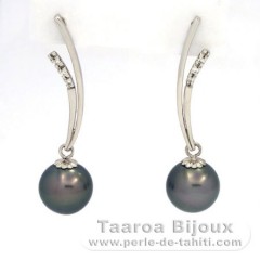 Rhodiated Sterling Silver Earrings and 2 Tahitian Pearls Round C 9.7 mm