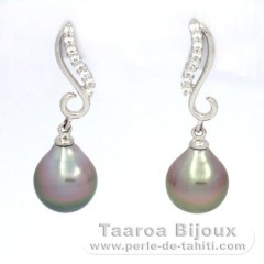 Rhodiated Sterling Silver Earrings and 2 Tahitian Pearls Semi-Baroque A 9.2 mm