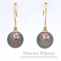 18K solid Gold Earrings and 2 Tahitian Pearls Near-Round B 9.3 mm