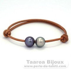 Leather Bracelet and 2 Tahitian Pearls Round C 10.1 mm