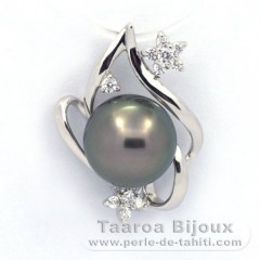 Rhodiated Sterling Silver Pendant and 1 Tahitian Pearl Round C 10.3 mm