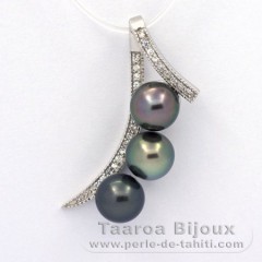 Rhodiated Sterling Silver Pendant and 3 Tahitian Pearls Round C 8.3 mm