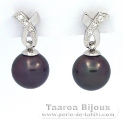 Rhodiated Sterling Silver Earrings and 2 Tahitian Pearls Round 1 B & 1 C 8.5 mm