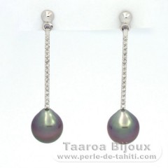 Rhodiated Sterling Silver Earrings and 2 Tahitian Pearls Semi-Baroque B 9 and 9.1 mm