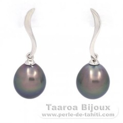 18K Solid White Gold Earrings and 2 Tahitian Pearls Semi-Baroque B 9.1 and 9.2 mm