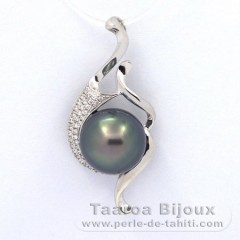 Rhodiated Sterling Silver Pendant and 1 Tahitian Pearl Semi-Baroque C 11.2 mm