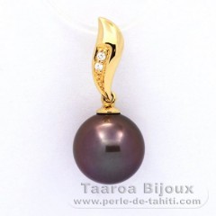 18K solid Gold Pendant + 2 diamonds 0.018 carats HS1 and 1 Tahitian Pearl Round A 10.5 mm