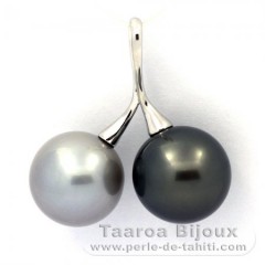 Rhodiated Sterling Silver Pendant and 2 Tahitian Pearls Round C 13.6 and 13.7 mm