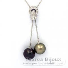 Rhodiated Sterling Silver Necklace and 2 Tahitian Pearls Round C+ 11 and 11.3 mm