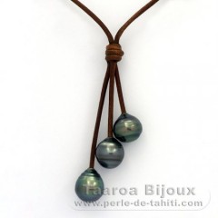 Leather Necklace and 3 Tahitian Pearls Ringed C  10 to 10.2 mm