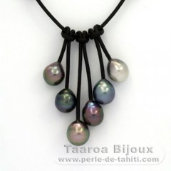 Leather Necklace and 6 Tahitian Pearls Semi-Baroque C  9 to 9.5 mm