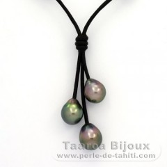 Leather Necklace and 3 Tahitian Pearls Semi-Baroque B  9 to 9.3 mm