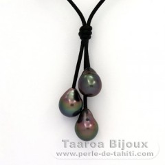 Leather Necklace and 3 Tahitian Pearls Semi-Baroque B  9.7 to 9.9 mm