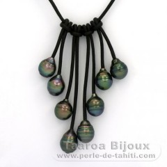 Leather Necklace and 8 Tahitian Pearls Ringed B  9 to 9.2 mm
