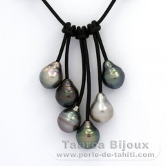 Leather Necklace and 6 Tahitian Pearls Ringed B  10 to 10.3 mm