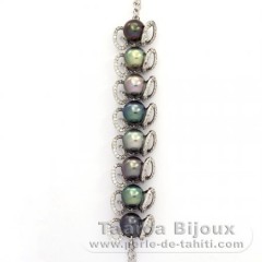 Rhodiated Sterling Silver Bracelet and 8 Tahitian Pearls Semi-Baroque B  9.2 to 9.8 mm
