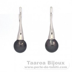 Rhodiated Sterling Silver Earrings and 2 Tahitian Pearls Semi-Baroque B 9.2 and 9.4 mm