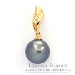 18K solid Gold Pendant + 2 diamonds 0.018 carats VS1 and 1 Tahitian Pearl Round A 10.2 mm