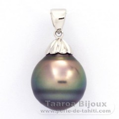 Rhodiated Sterling Silver Pendant and 1 Tahitian Pearl Ringed C 14.4 mm