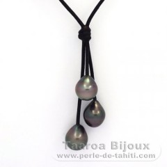 Leather Necklace and 3 Tahitian Pearls Semi-Baroque B  10 to 10.2 mm