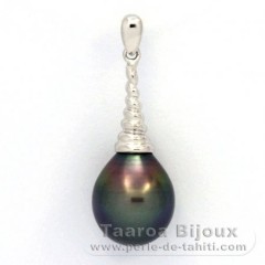 Rhodiated Sterling Silver Pendant and 1 Tahitian Pearl Semi-Baroque C 10.9 mm