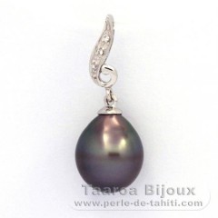 Rhodiated Sterling Silver Pendant and 1 Tahitian Pearl Semi-Baroque C 9.7 mm