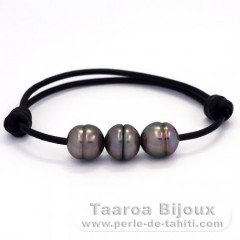 Leather Bracelet and 3 Tahitian Pearls Ringed B 10.5 mm