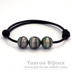 Leather Bracelet and 3 Tahitian Pearls Ringed C  11.6 to 11.9 mm