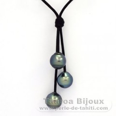 Leather Necklace and 3 Tahitian Pearls Ringed C+  10 to 10.3 mm