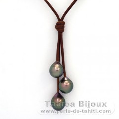 Leather Necklace and 3 Tahitian Pearls Semi-Baroque B  9.5 to 9.9 mm