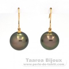 18K solid Gold Earrings and 2 Tahitian Pearls Round B/C 13.2 and 13.3 mm