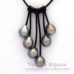 Leather Necklace and 6 Tahitian Pearls Semi-Baroque B  9.5 to 9.9 mm