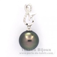 Rhodiated Sterling Silver Pendant and 1 Tahitian Pearl Round C 10.5 mm