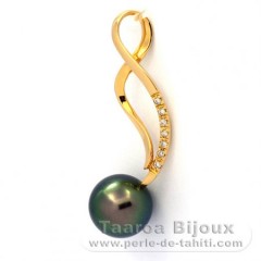 18K solid Gold Pendant + 7 diamonds 0.01 carats HS1 and 1 Tahitian Pearl Round Top Gem 9.3 mm