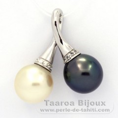 Rhodiated Sterling Silver Pendant and 2 Tahitian Pearls Semi-Baroque C 11.5 and 11.6 mm