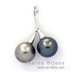 Rhodiated Sterling Silver Pendant and 2 Tahitian Pearls Round C 10.2 mm