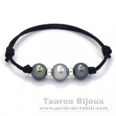 Waxed Cotton Bracelet and 3 Tahitian Pearls Round C  9.5 to 10 mm